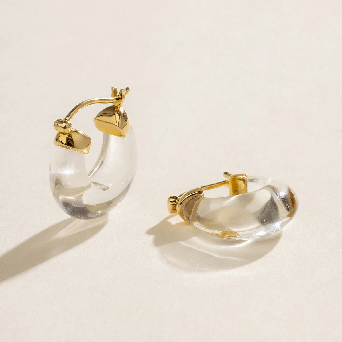 10K Yellow Gold Natural Clear Quartz Hoop Earrings - Image 3