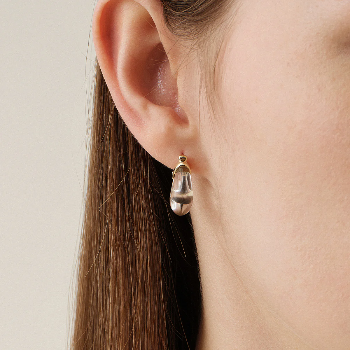 10K Yellow Gold Natural Clear Quartz Hoop Earrings - Image 5