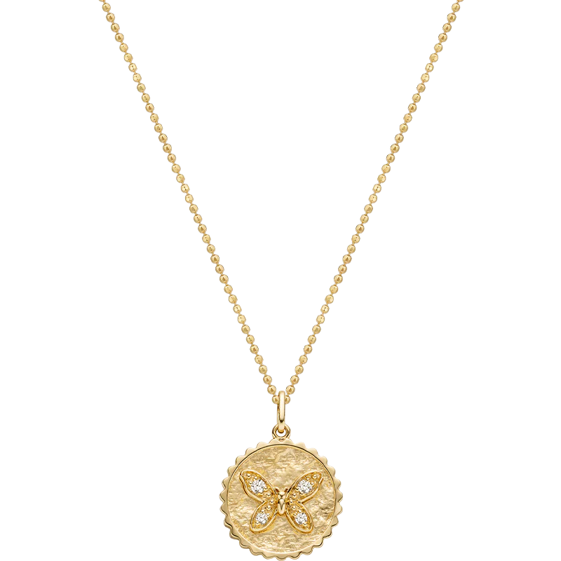 18K Gold Butterfly Coin Diamonds Necklace