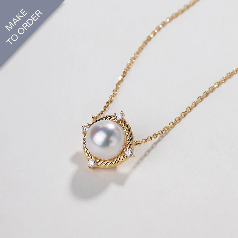 Akoya 18K Gold Textured Swirl Pearl Diamond Necklace