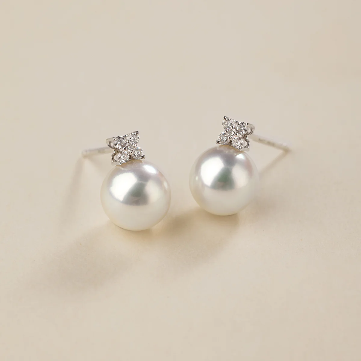 Akoya Pearl 10K White Gold Diamond Clover Stud Earrings - Image 2