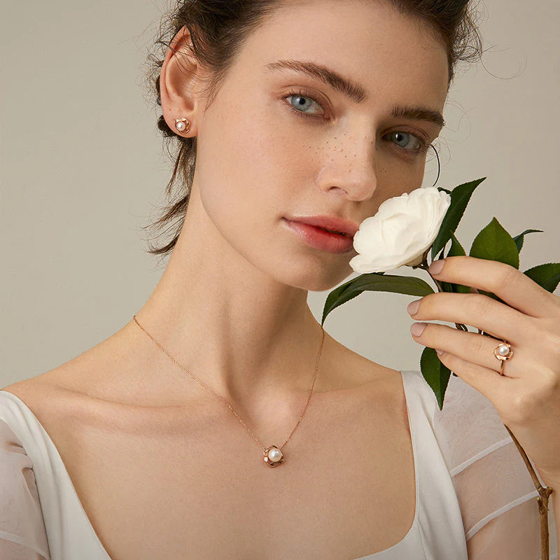 Akoya Pearl 18k Gold Camellia Design Earrings - Image 3