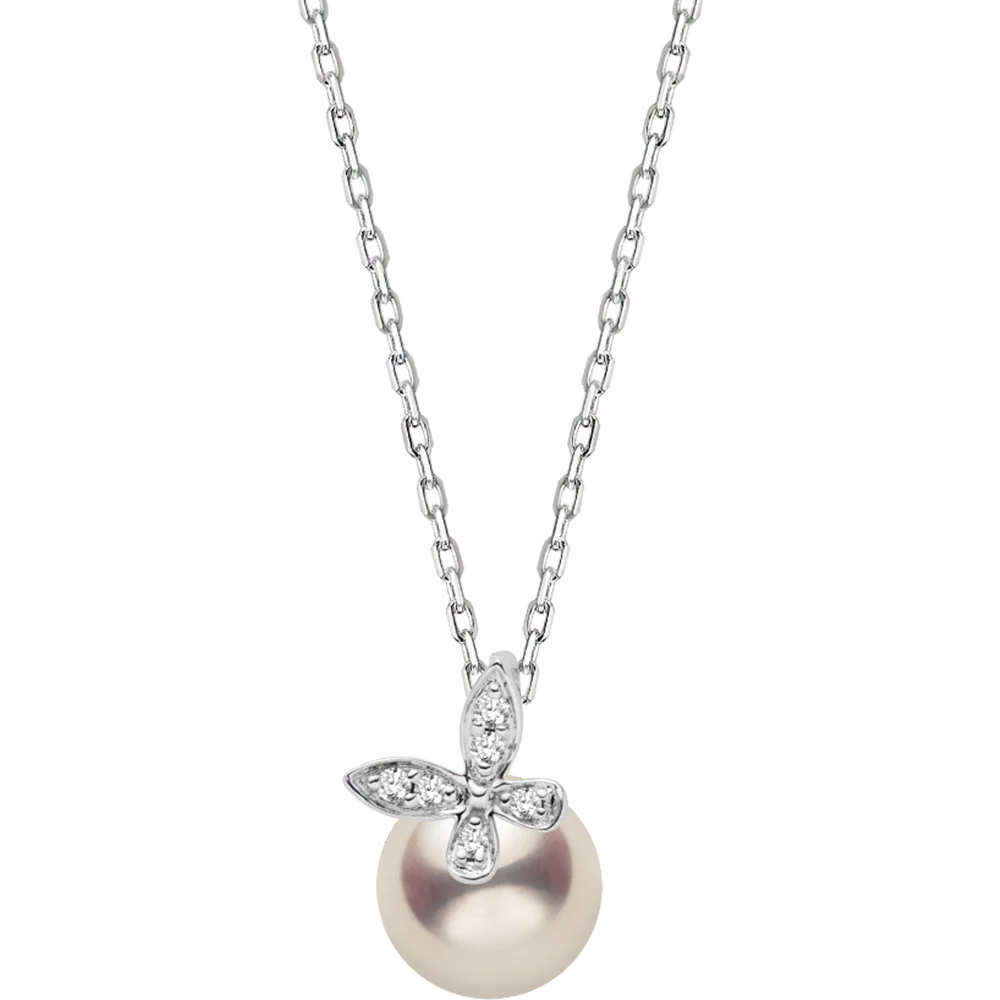Akoya Pearl 18K Gold Diamond Petite Butterfly Pendant Necklace