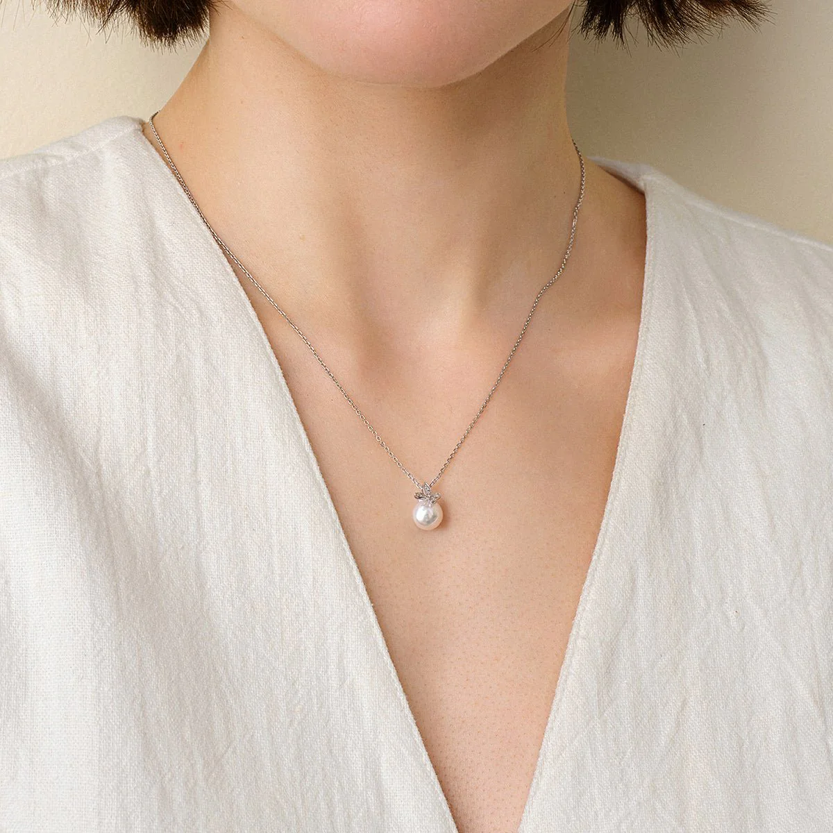 Akoya Pearl 18K Gold Diamond Petite Butterfly Pendant Necklace - Image 2