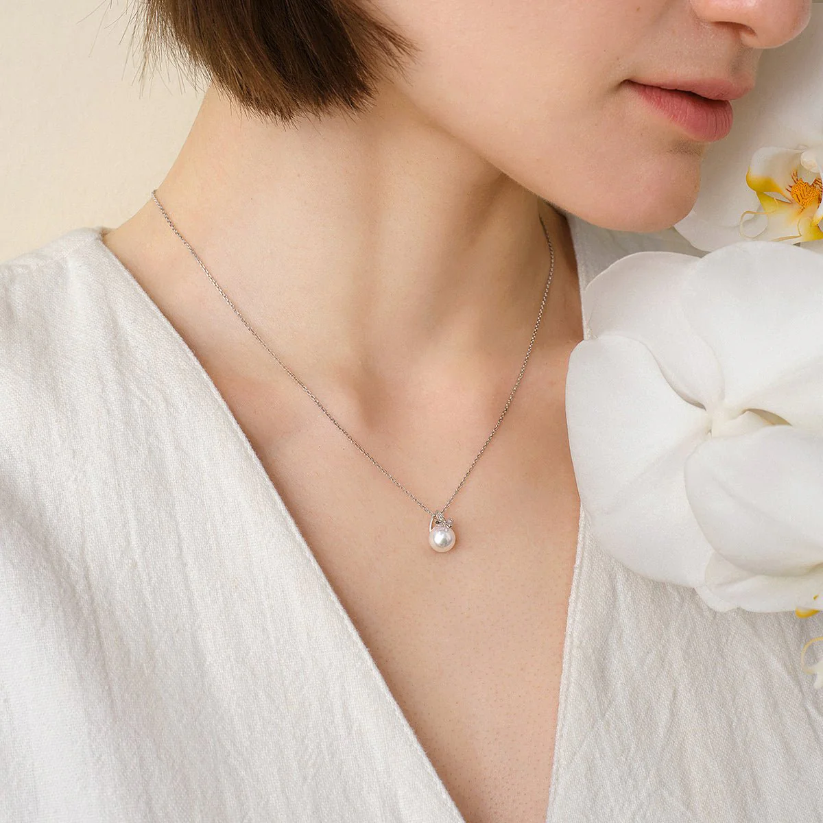 Akoya Pearl 18K Gold Diamond Petite Butterfly Pendant Necklace - Image 3
