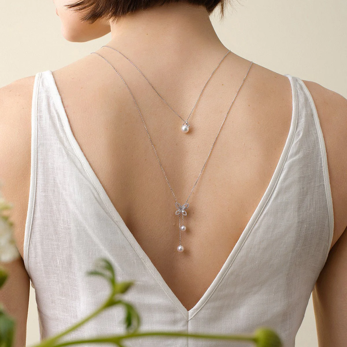 Akoya Pearl 18K Gold Diamond Petite Butterfly Pendant Necklace - Image 4