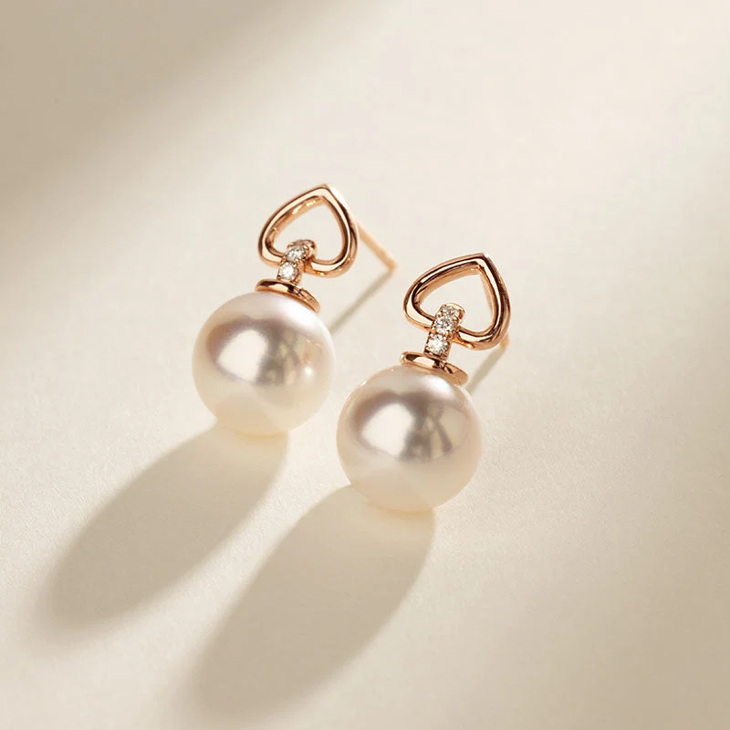 Akoya Pearl 18K Gold Diamond Red Heart Studs Earrings - Image 2