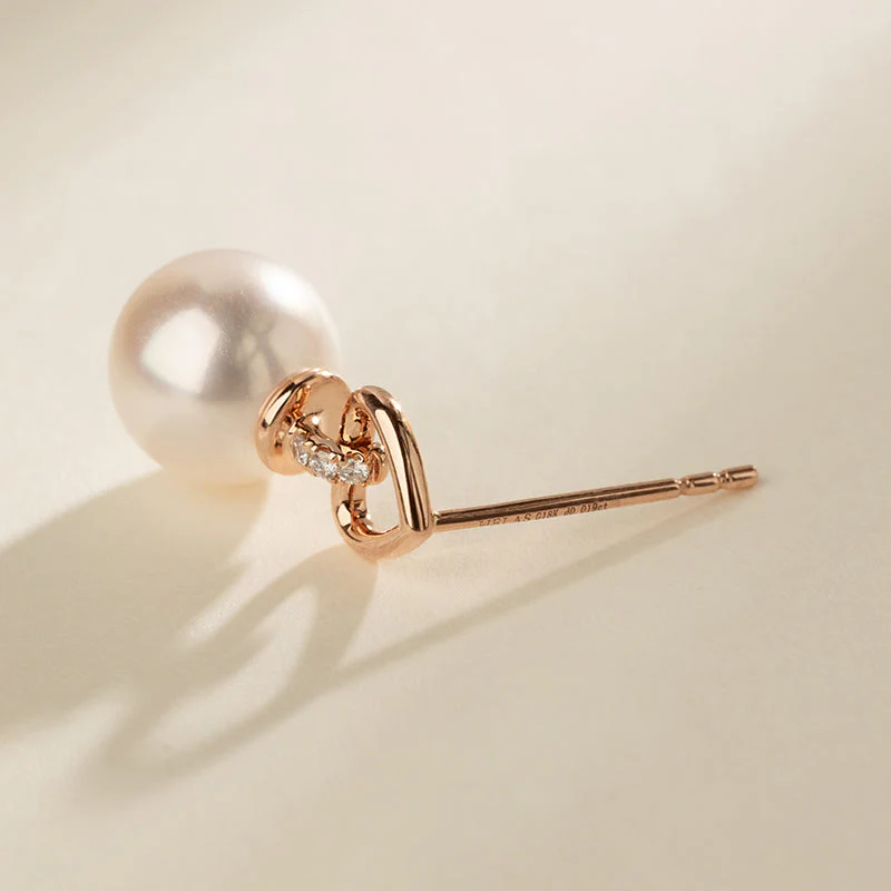 Akoya Pearl 18K Gold Diamond Red Heart Studs Earrings - Image 5