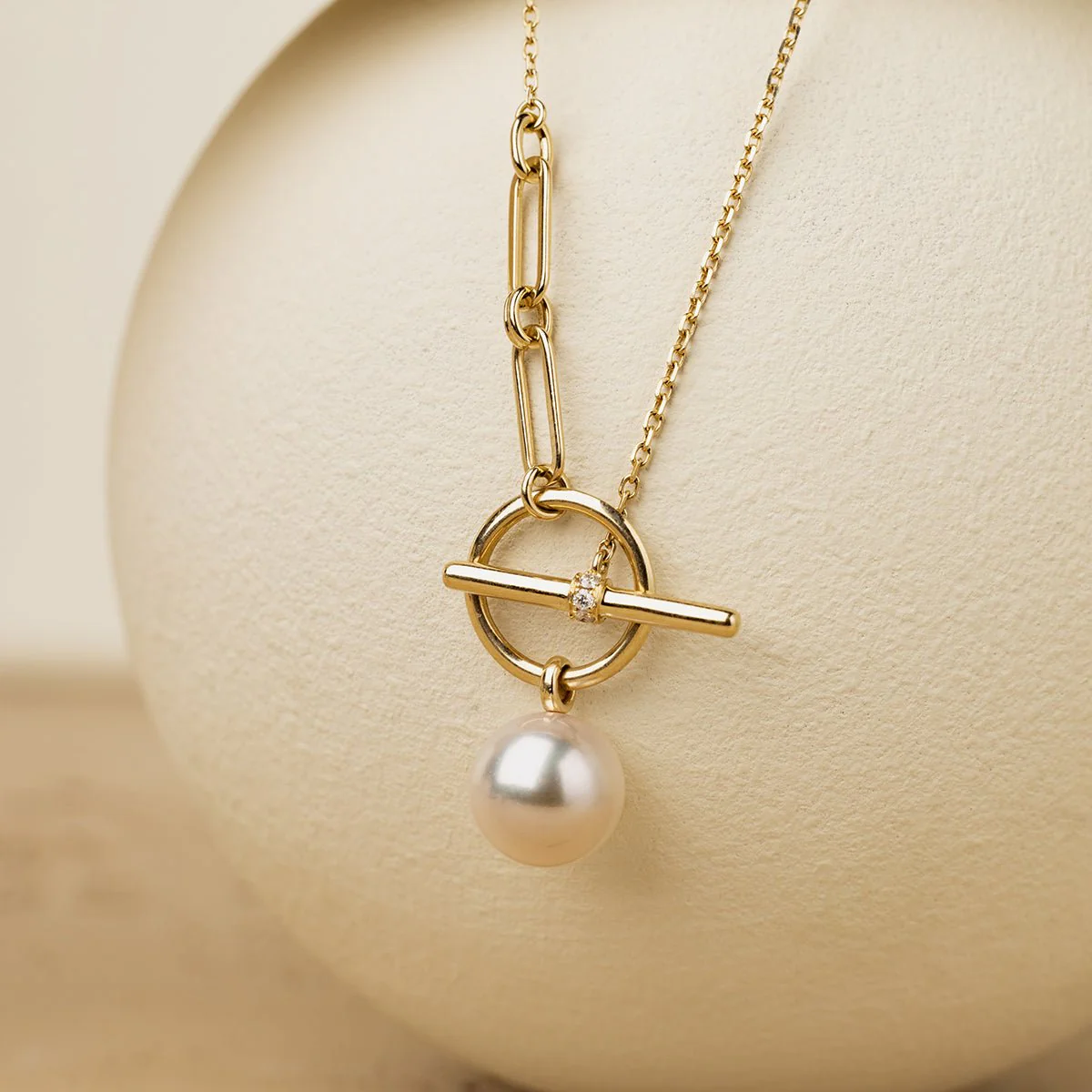Akoya Pearl 18K Gold Diamond Tension Poise Clasp Necklace - Image 3