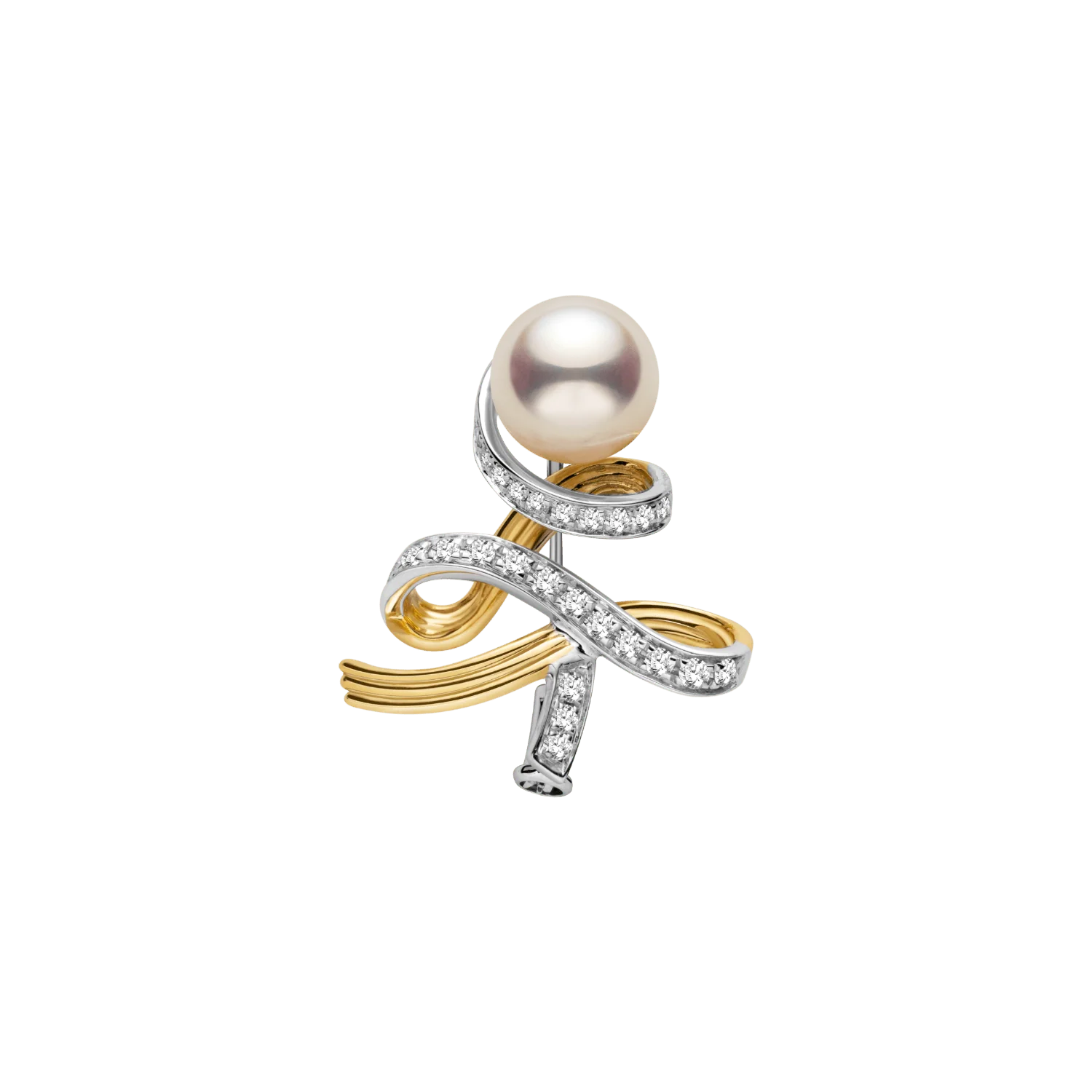 Akoya Pearl 18K Gold Diamonds Two-tone Ribbon Wish Tree Brooch