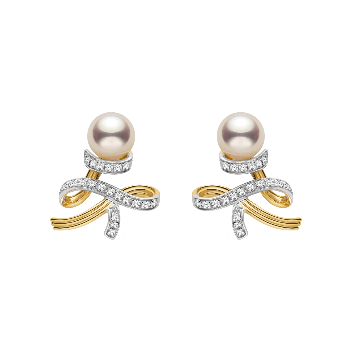 Akoya Pearl 18K Gold Diamonds Two-tone Ribbon Wish Tree Earrings