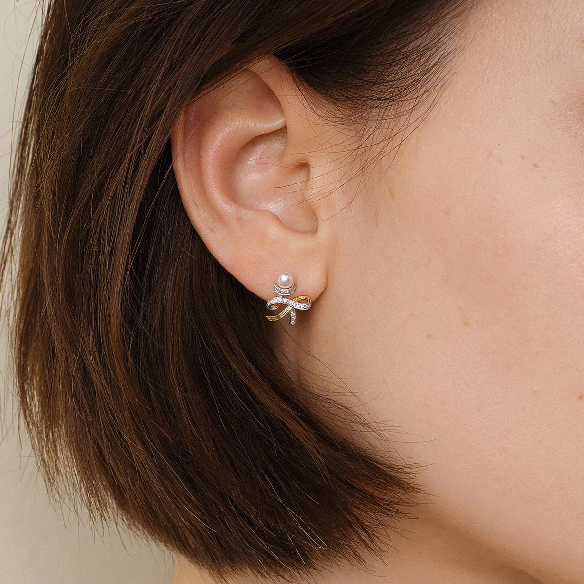 Akoya Pearl 18K Gold Diamonds Two-tone Ribbon Wish Tree Earrings - Image 2