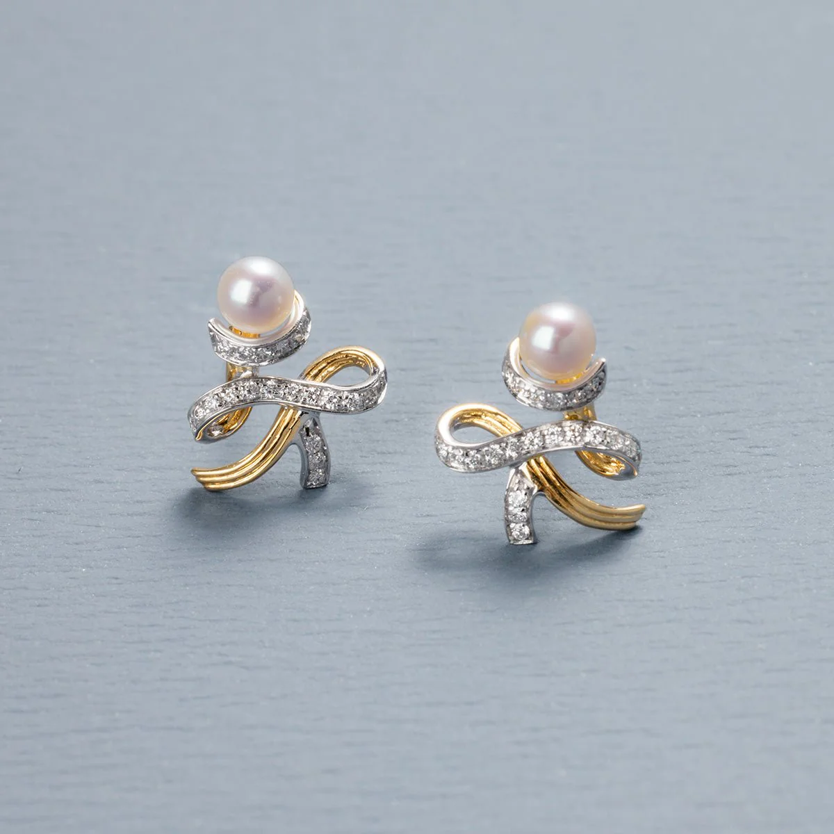 Akoya Pearl 18K Gold Diamonds Two-tone Ribbon Wish Tree Earrings - Image 3