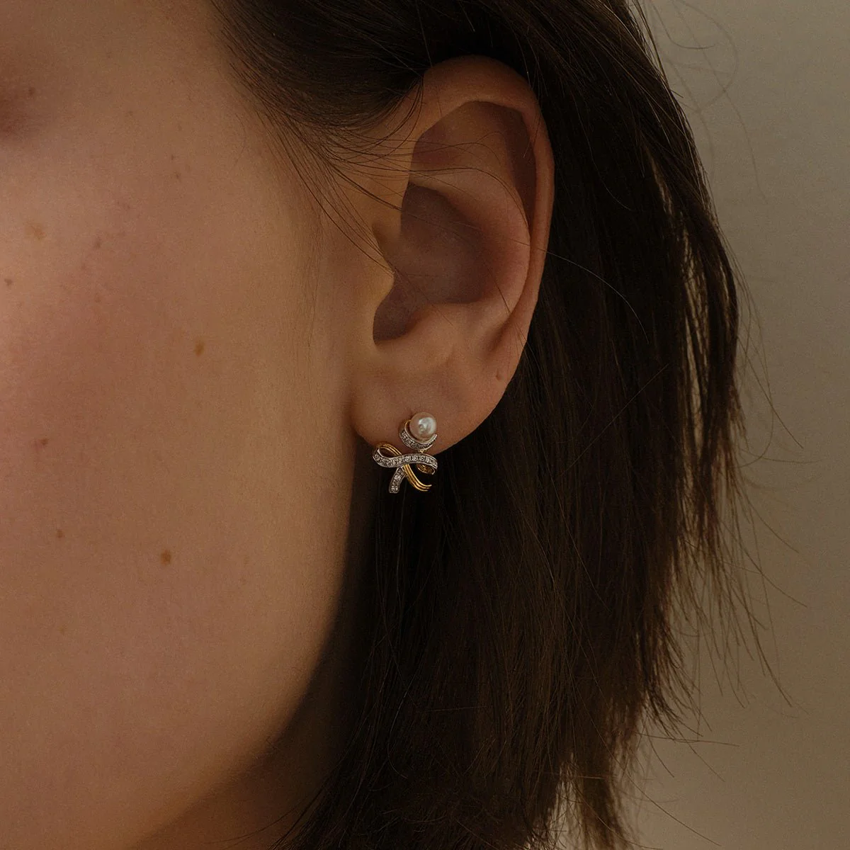 Akoya Pearl 18K Gold Diamonds Two-tone Ribbon Wish Tree Earrings - Image 4