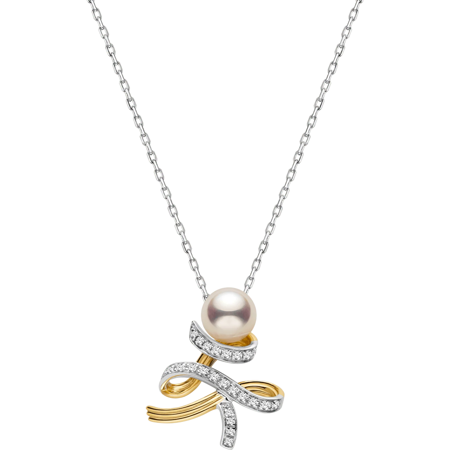 Akoya Pearl 18K Gold Diamonds Two-tone Ribbon Wish Tree Necklace
