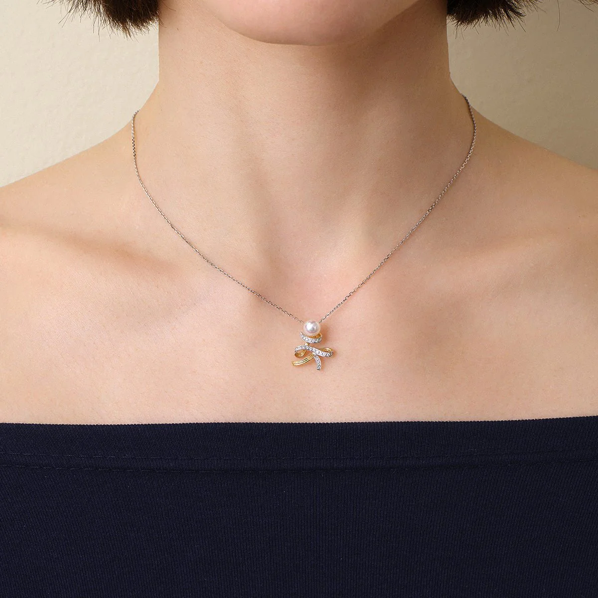 Akoya Pearl 18K Gold Diamonds Two-tone Ribbon Wish Tree Necklace - Image 10