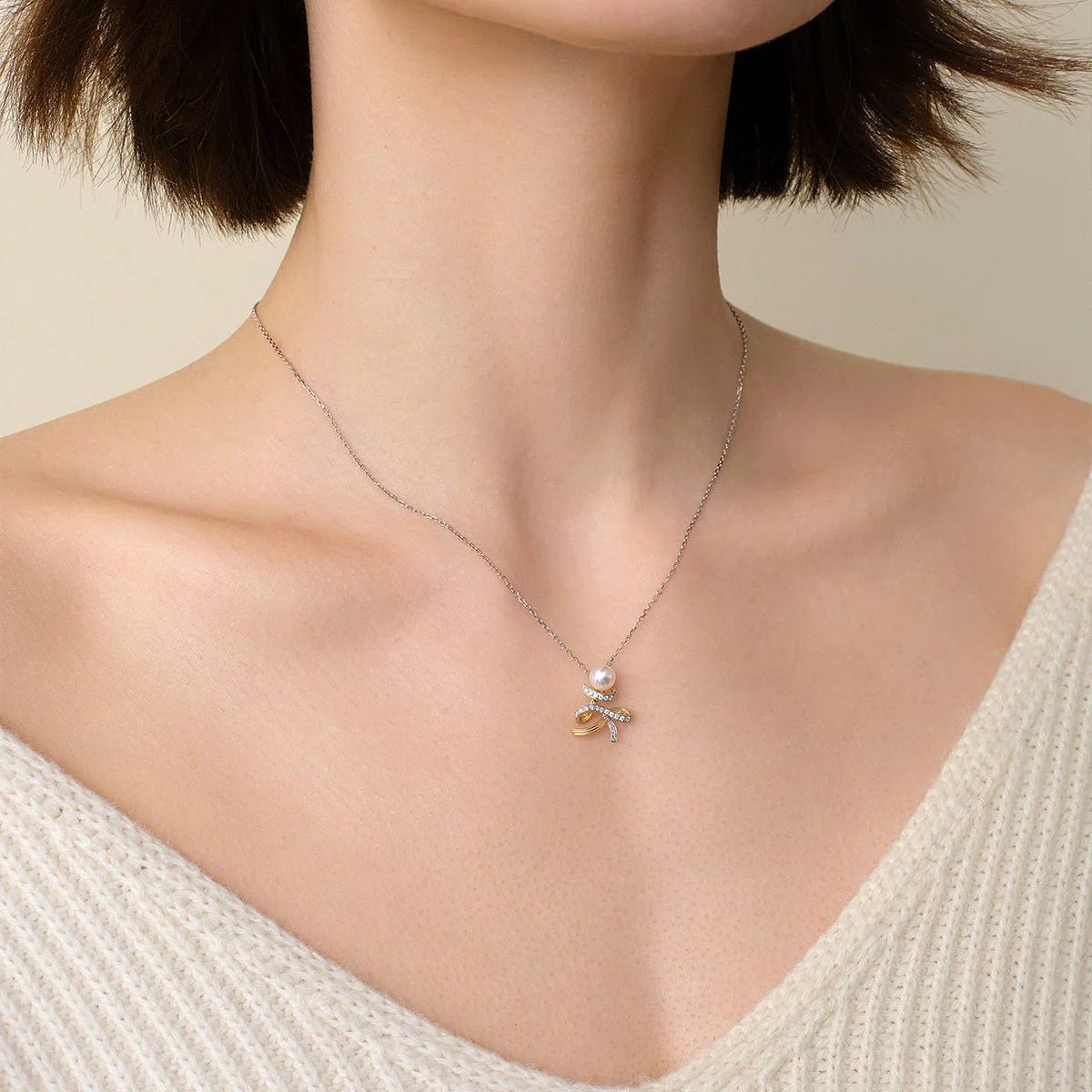 Akoya Pearl 18K Gold Diamonds Two-tone Ribbon Wish Tree Necklace - Image 2