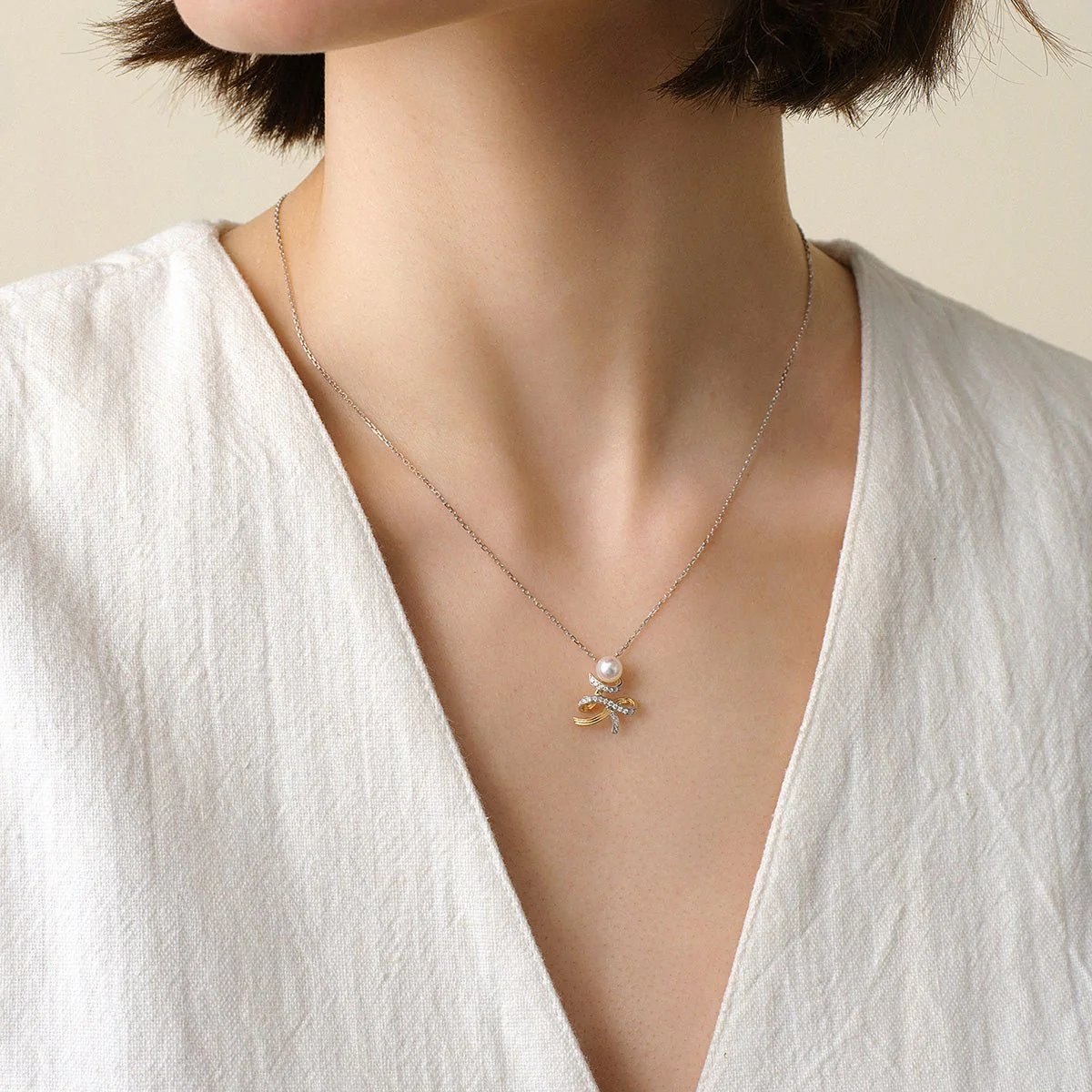 Akoya Pearl 18K Gold Diamonds Two-tone Ribbon Wish Tree Necklace - Image 4