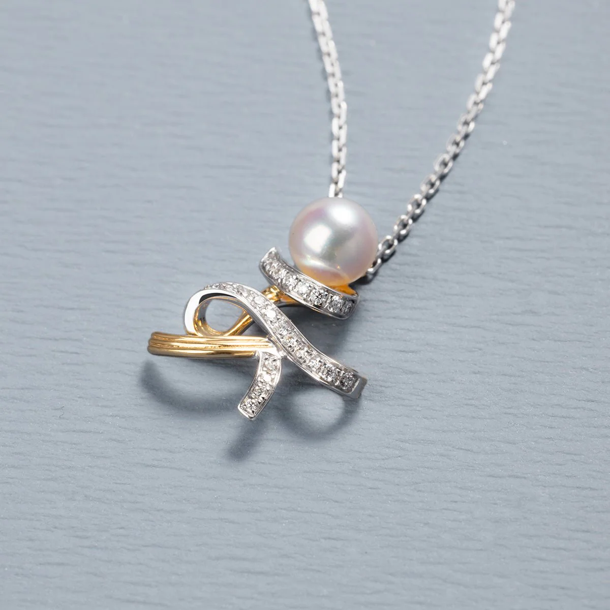 Akoya Pearl 18K Gold Diamonds Two-tone Ribbon Wish Tree Necklace - Image 5