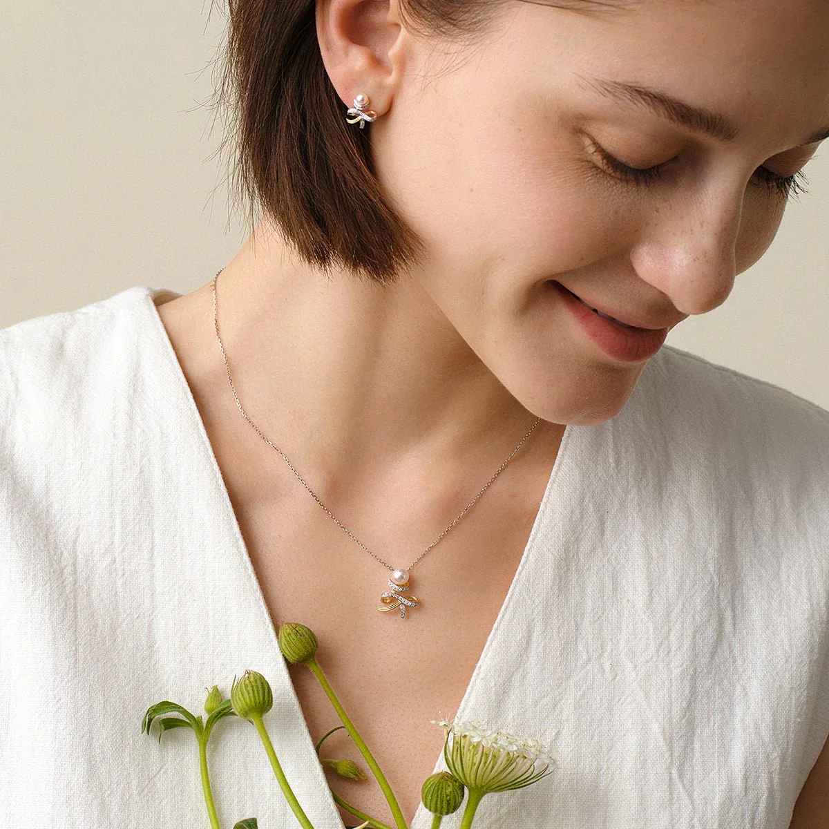 Akoya Pearl 18K Gold Diamonds Two-tone Ribbon Wish Tree Necklace - Image 6