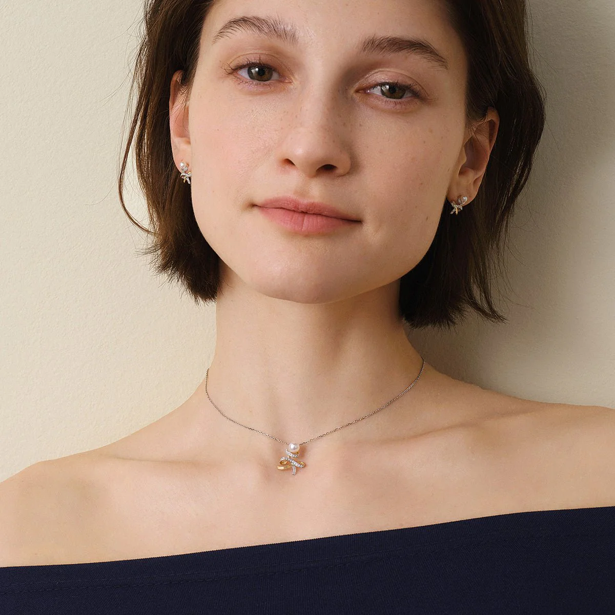 Akoya Pearl 18K Gold Diamonds Two-tone Ribbon Wish Tree Necklace - Image 8