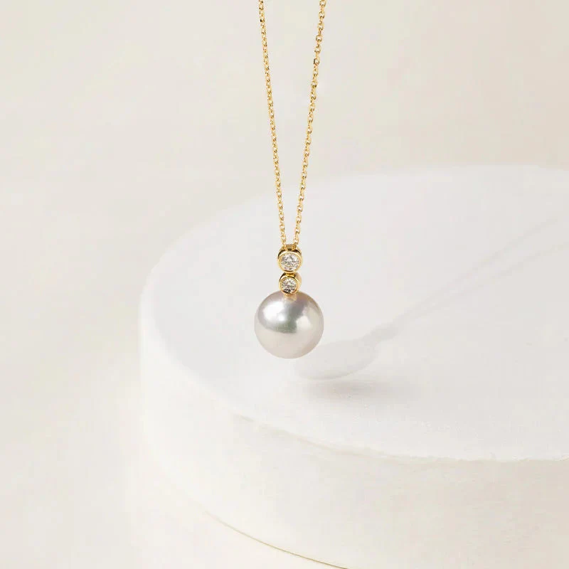 Akoya Pearl 18K Gold Twin Diamond Pendant Necklace - Image 3
