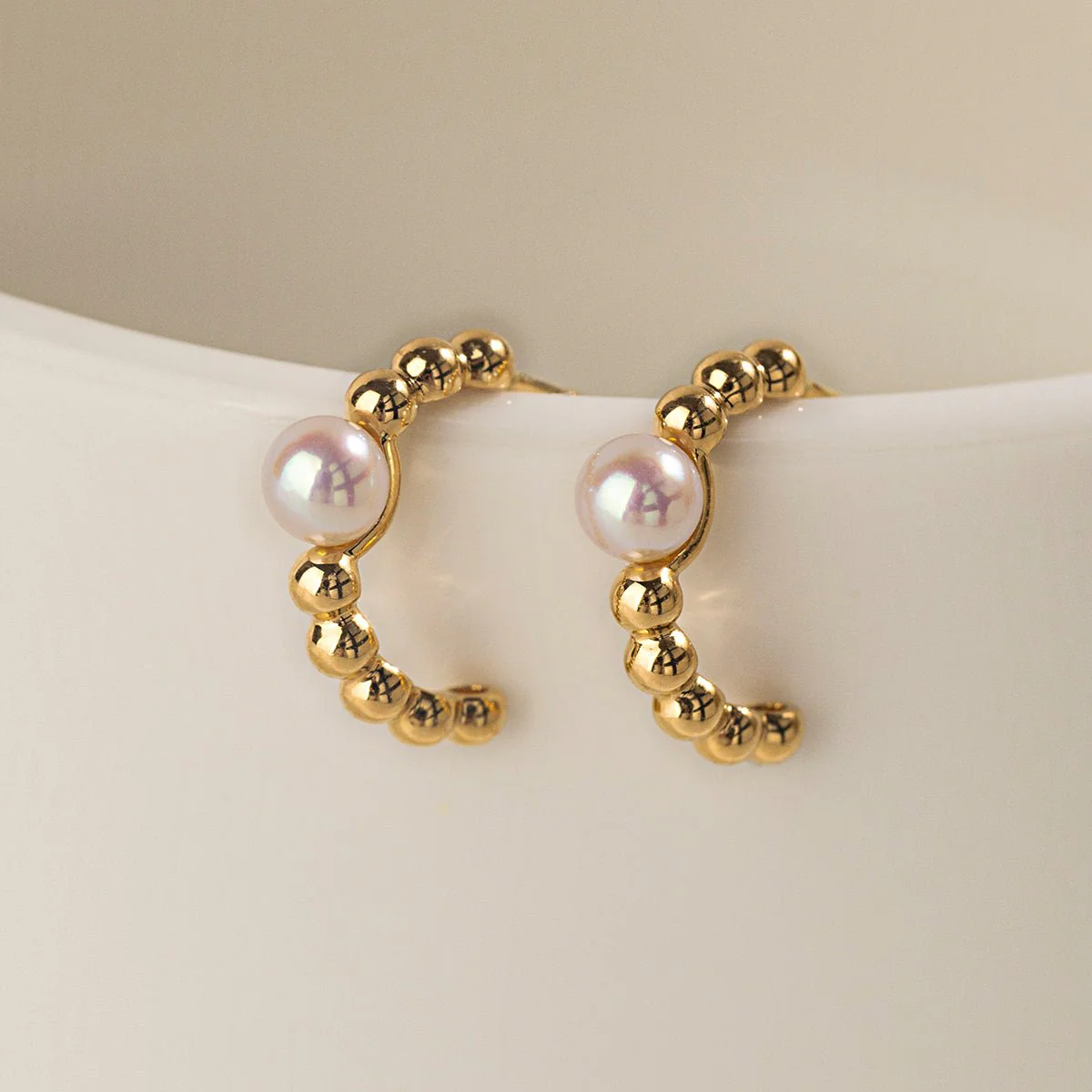 Akoya Pearl 18K Gold Vintage Small Ball Hoop Earrings - Image 2