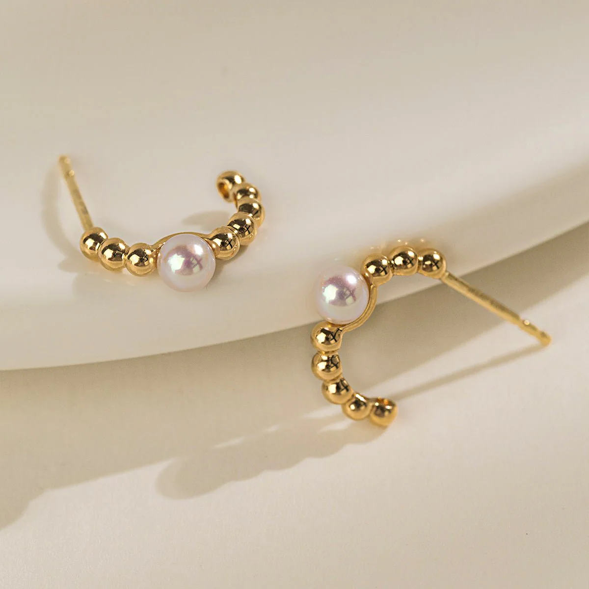 Akoya Pearl 18K Gold Vintage Small Ball Hoop Earrings - Image 3