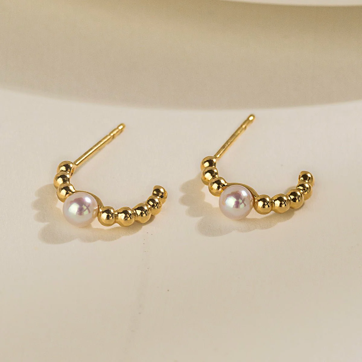 Akoya Pearl 18K Gold Vintage Small Ball Hoop Earrings - Image 5