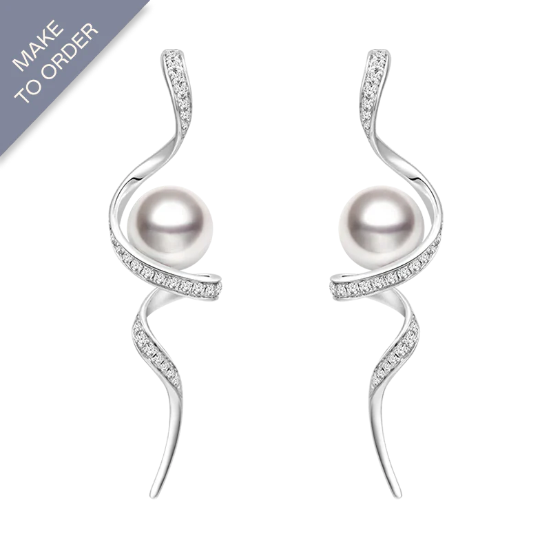 Akoya Pearl 18K Solid Gold Wave Curl Long Drop Diamonds Earrings