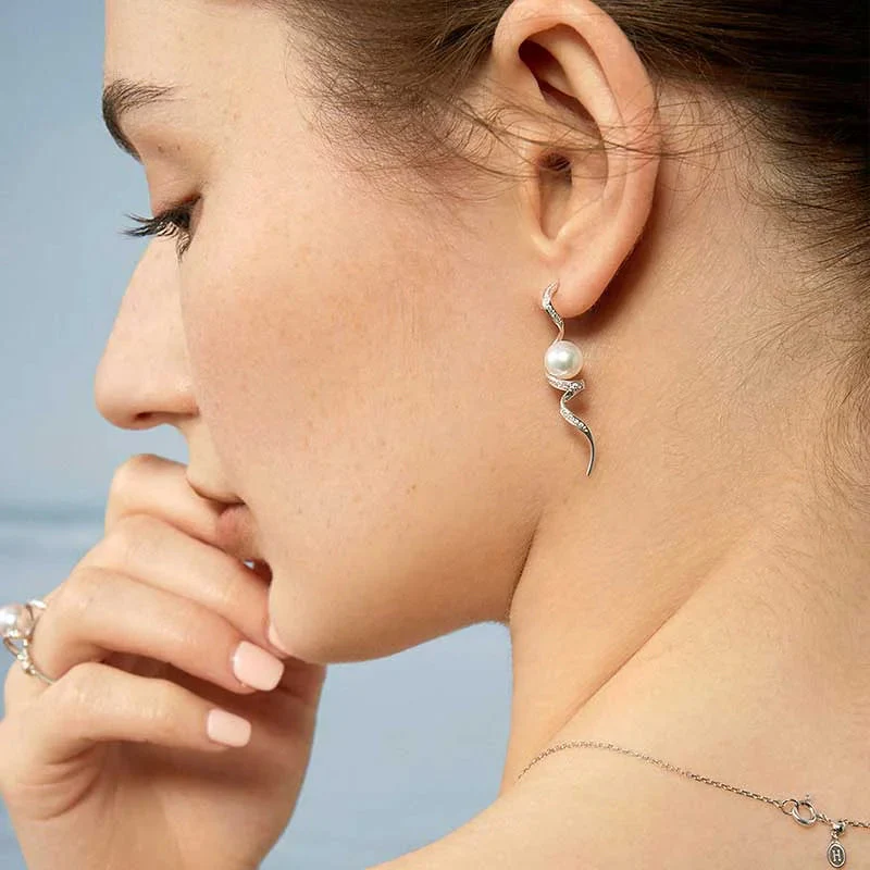 Akoya Pearl 18K Solid Gold Wave Curl Long Drop Diamonds Earrings - Image 2