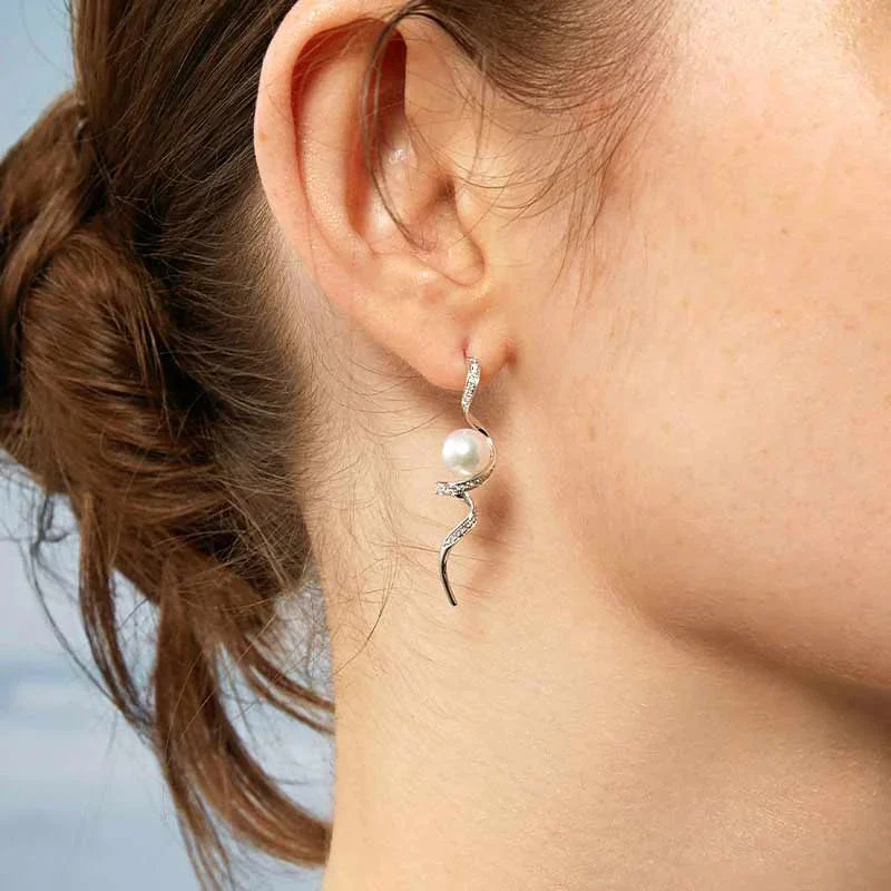 Akoya Pearl 18K Solid Gold Wave Curl Long Drop Diamonds Earrings - Image 4