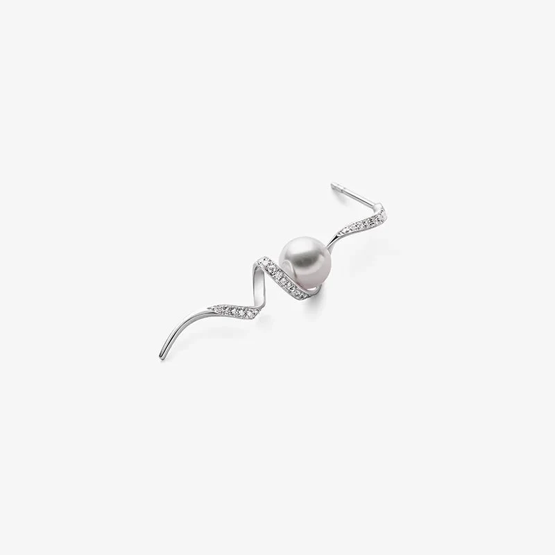 Akoya Pearl 18K Solid Gold Wave Curl Long Drop Diamonds Earrings - Image 6
