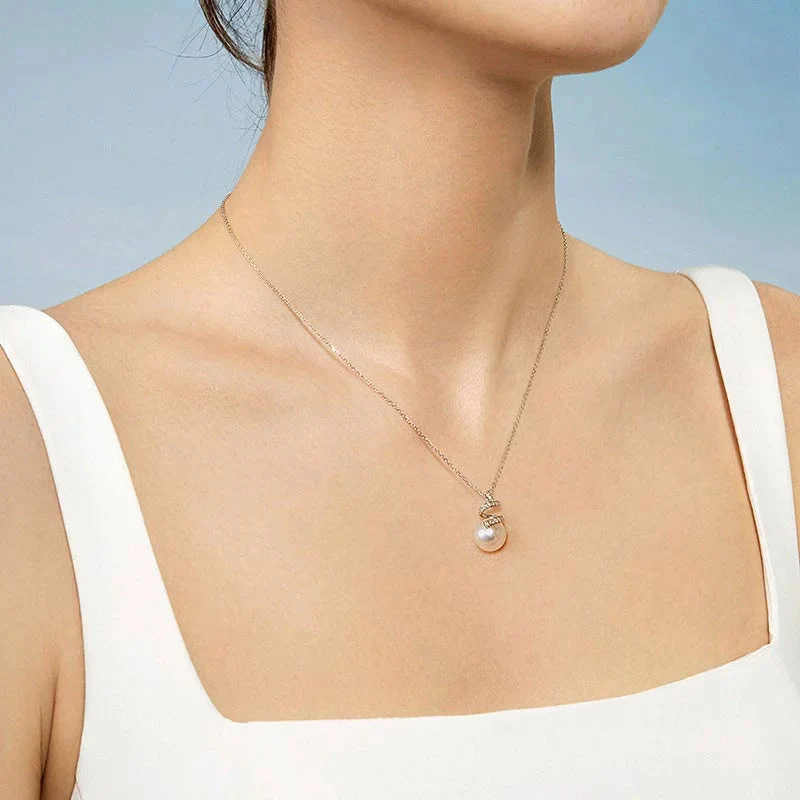 Akoya Pearl 18K White Gold Multi-Curve Wave Diamonds Pendant Necklace - Image 2