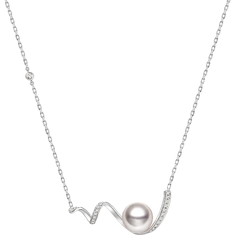 Akoya Pearl 18K White Gold Small Wave Curl Diamonds Necklace