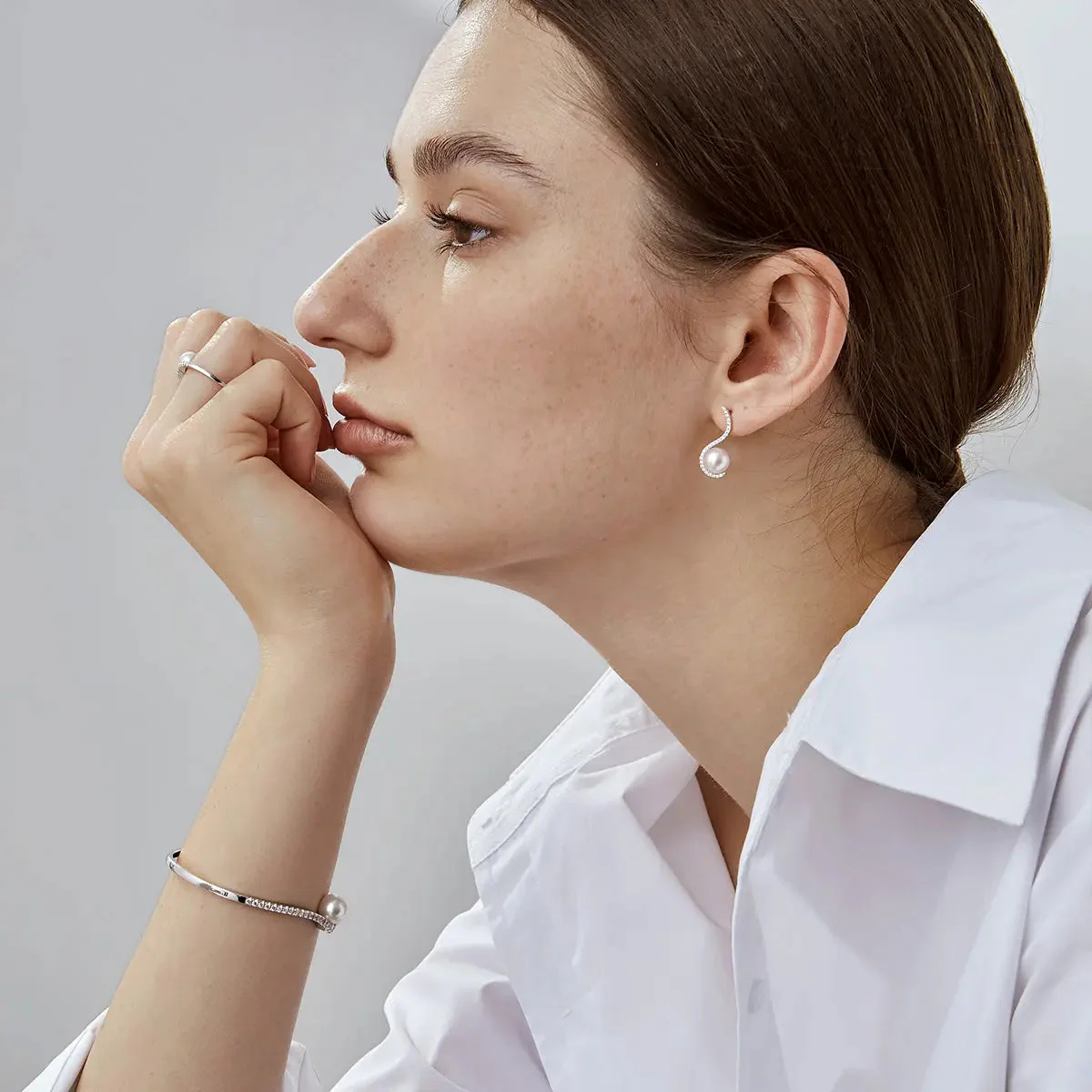 Akoya Pearl 18K White Gold Swan Diamond Earrings - Image 2