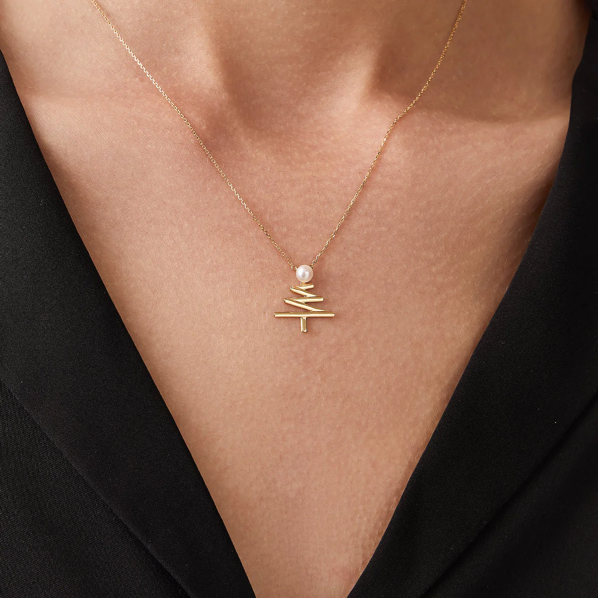 Akoya Pearl 18k Yellow Gold Christmas Tree Necklace - Image 2