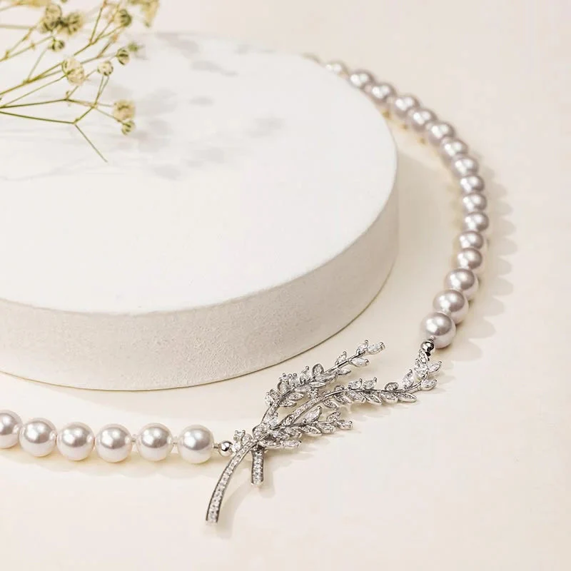 Akoya Pearl Beaded 18K Diamonds Sycamore Leaves Necklace - Image 3