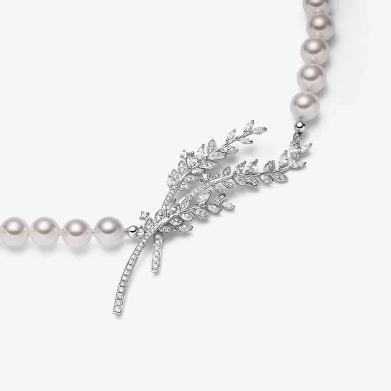 Akoya Pearl Beaded 18K Diamonds Sycamore Leaves Necklace - Image 4