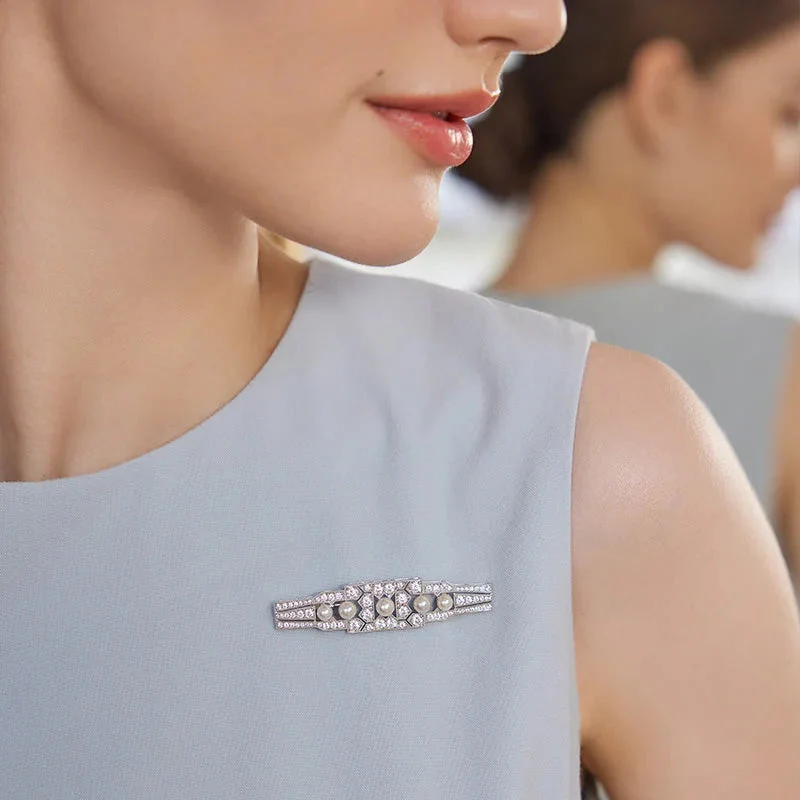 Akoya Pearl Brooch 18K White Gold Diamond Chrysler Pin - Image 2