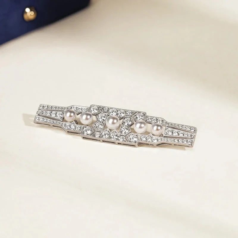 Akoya Pearl Brooch 18K White Gold Diamond Chrysler Pin - Image 6