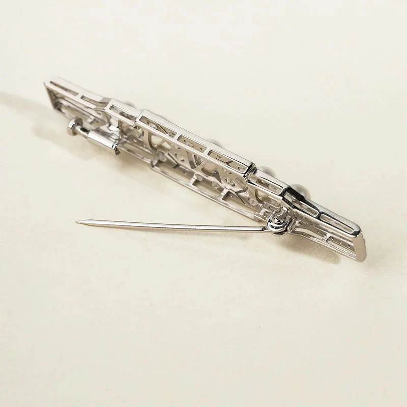 Akoya Pearl Brooch 18K White Gold Diamond Chrysler Pin - Image 7