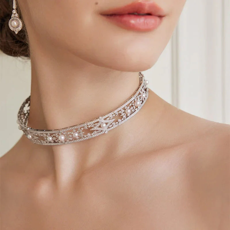 Akoya Pearl Necklace 18K White Gold Diamond Lavender Collar - Image 2