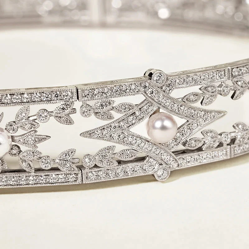 Akoya Pearl Necklace 18K White Gold Diamond Lavender Collar - Image 4