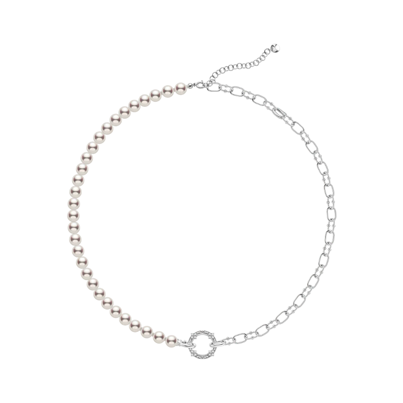 Akoya Pearl Strand 18K Gold Diamond Half Chain Half Pearl Necklace