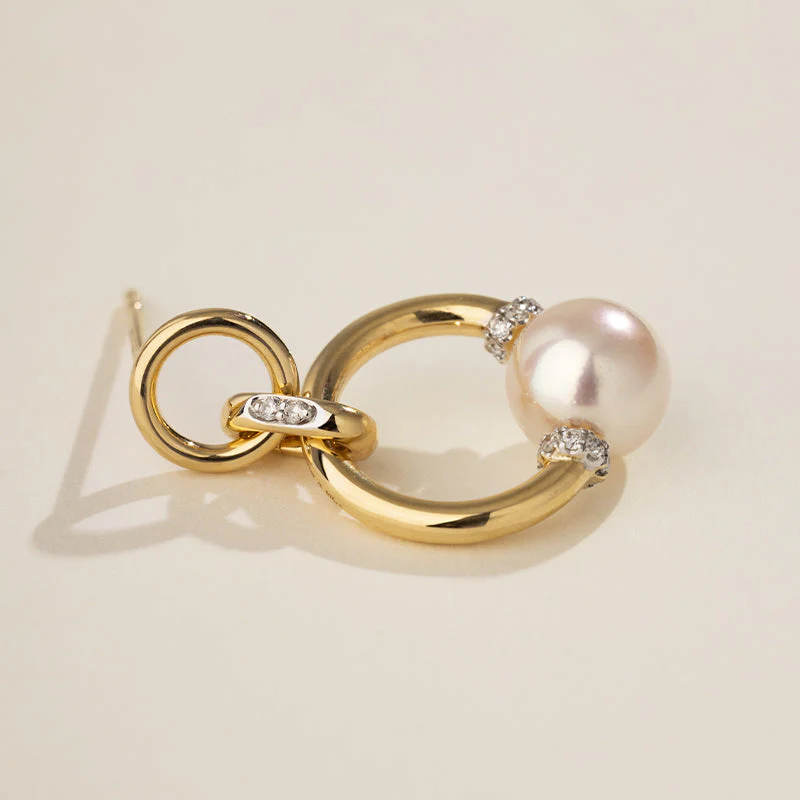 Akoya Saltwater Pearl 18K Gold Diamond Knot Round Hoop Earrings - Image 8