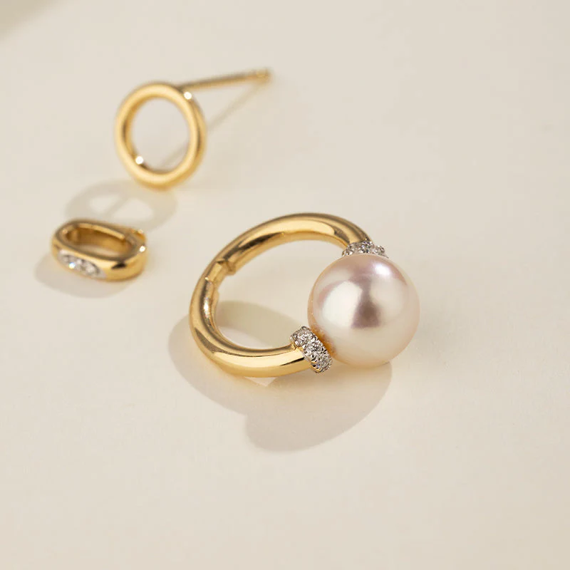 Akoya Saltwater Pearl 18K Gold Diamond Knot Round Hoop Earrings - Image 9