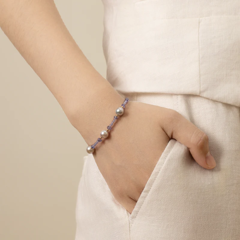 Baroque Akoya Pearl Tanzanite Gold Vermeil Bracelet in 925 Sterling Silver - Image 2