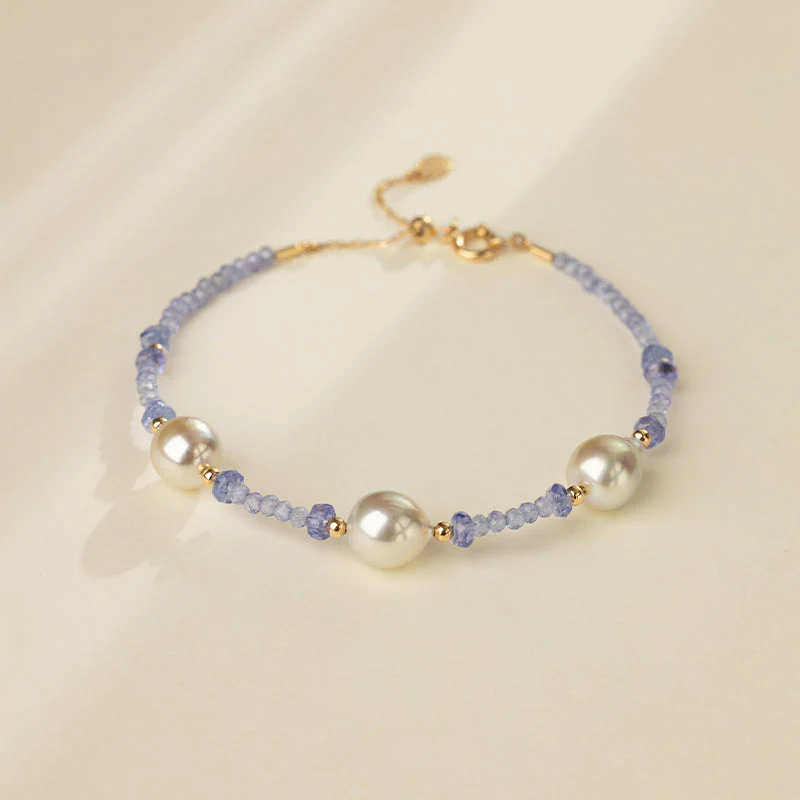 Baroque Akoya Pearl Tanzanite Gold Vermeil Bracelet in 925 Sterling Silver - Image 3