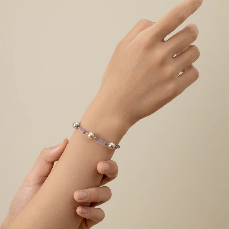 Baroque Akoya Pearl Tanzanite Gold Vermeil Bracelet in 925 Sterling Silver - Image 4